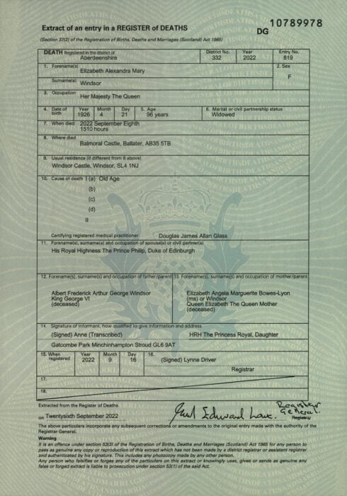 Death certificate of Queen Elizabeth II