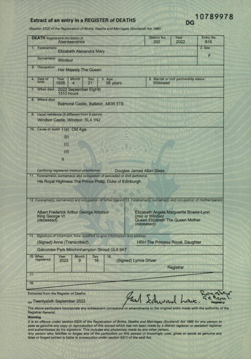 Death certificate of Queen Elizabeth II