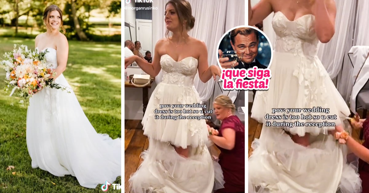 It was too hot!  Bride cut her dress during the wedding so she could wear it all night