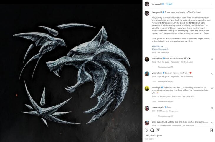 Post de Henry Cavill anunciando que deja el papel de Geralt de Rivia, en la serie The Witcher