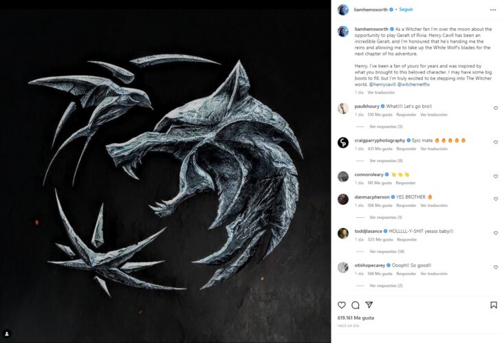 Post de Liam Hemsworth anunciando que deja el papel de Geralt de Rivia, en la serie The Witcher