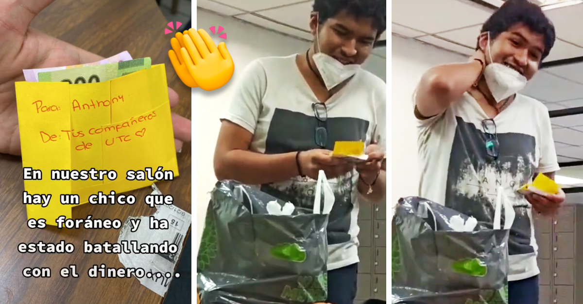Boys give money and food to their classmate who had financial problems