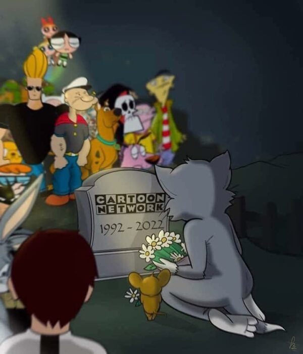 imagen de algunos personajes de Cartoon Network frente a una lápida con la fecha de 1992 al 2022