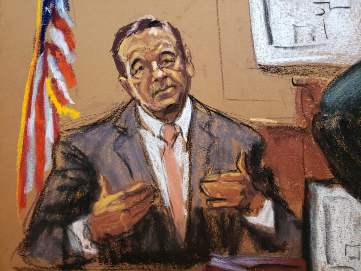 Kevin Spacey durante su testimonio en la corte del tribunal de Nueva York en la demanda en contra de Anthony Rapp
