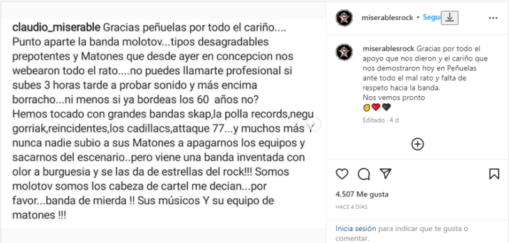 captura de pantalla de un mensaje de Claudio García, vocalista de Los miserables 