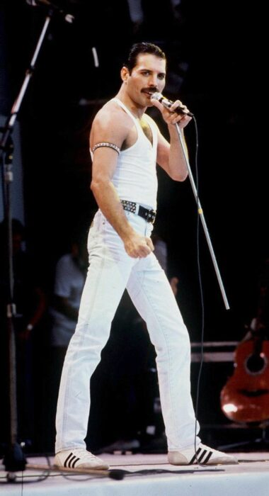 Fotografía de Freddie Mercury cantando en un concierto 