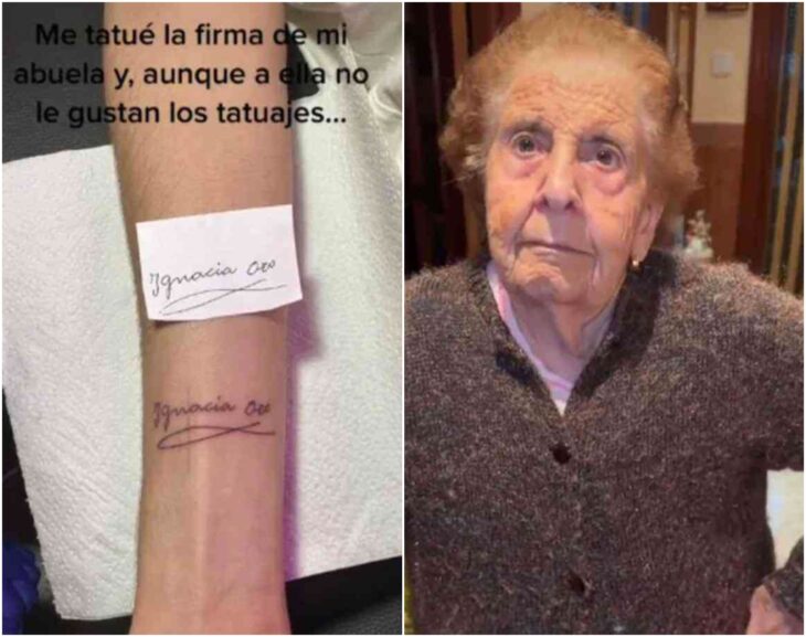 Straight to the heart!  He tattoos her grandmother's signature and she cries with emotion
