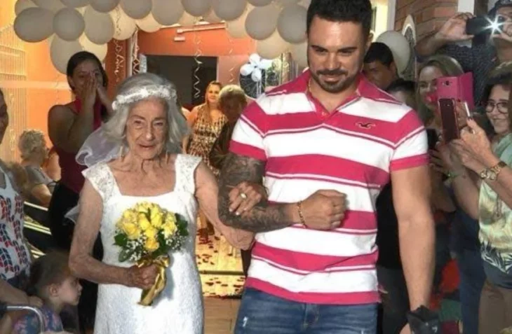 bride over 90 years old walks down the aisle