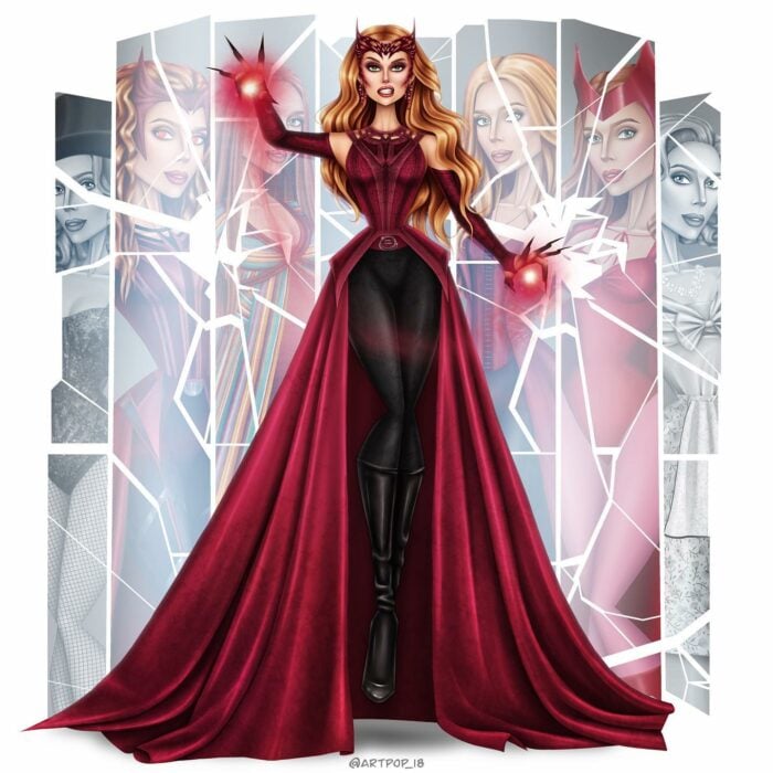 La bruja Escarlata ilustrada como si fuera una Drag Queen 