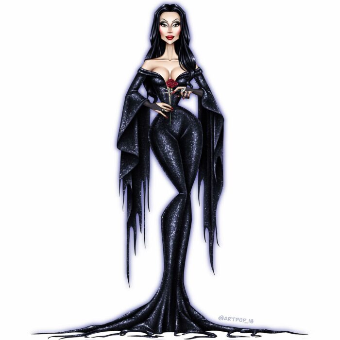 imagen de Morticia Adams caracterizada como una Drag Queen 