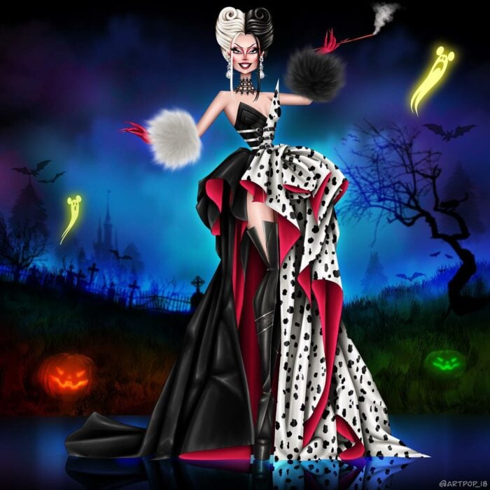 Cruella de Vil personaje de los 101 dálmatas ilustrada como una Drag Queen 