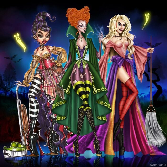 ilustración de las hermanas Sanderson´s de la película Hocus Pocus caracterizadas de Drag Queens