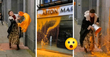 Ambientalista arroja pintura en las oficinas de la petrolera Shell y termina toda manchada