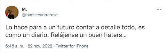 captura de pantalla de una publicación en Twitter en la que la chica dice que su novio es muy tierno por escribir cada momento de su relación. 