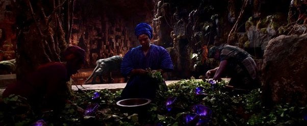escena de Black Panther de unas personas en el jardin de hierba en forma de corazón 