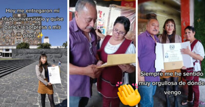 Entre lágrimas les entrega sus papás el título universitario en el tianguis donde trabajan