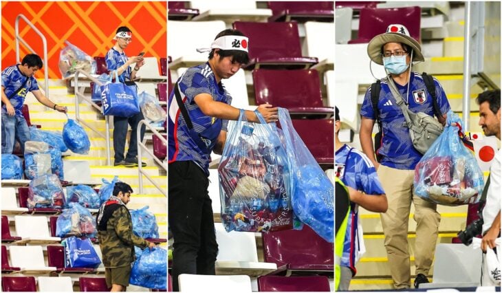 Aficionados japoneses limpiando un estadio de futbol en Mundial Qatar 2022/