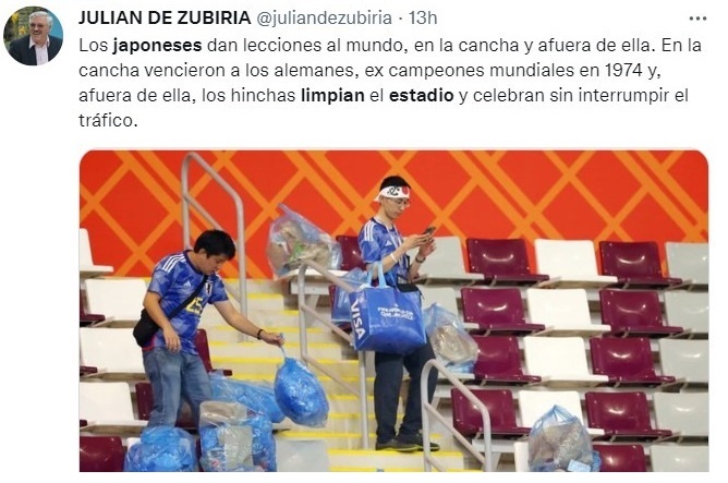 Tweet about Japanese cleaning stands and dressing room after victory over Germany in Qatar 2022 