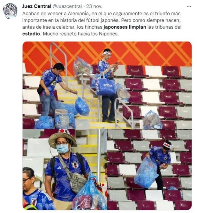 Tweet about Japanese cleaning stands and dressing room after victory over Germany in Qatar 2022 
