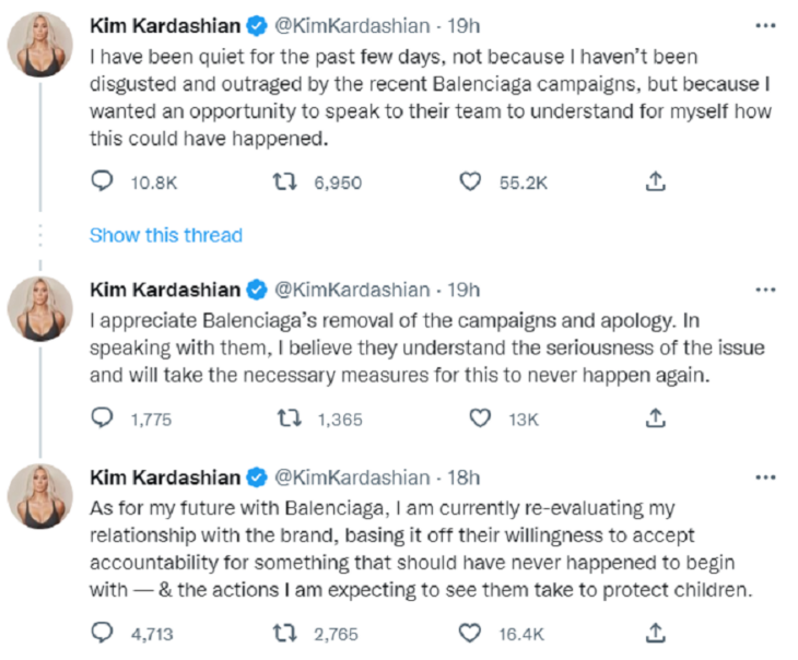Twists de Kim Kardashian donde da su opinión respecto a la controversial campaña de Balenciaga donde incluye niños rodeados de elementos sadomasoquistas 