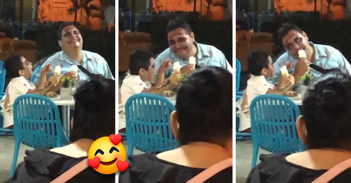 Dad of the year!  Dad and son in disguise are moved by their complicity in eating ice cream