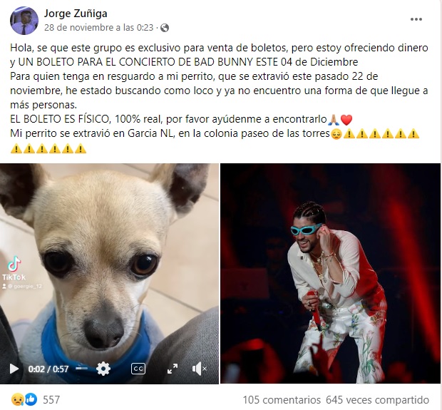 Publicación de Jorge Zúñiga para encontrar a su perrito perdido con recompensa