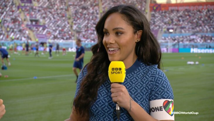 Alex Sctott, journalist and BBC reporter wearing a bracelet in support of the LGBT community at the Qatar 2022 World Cup