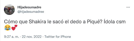 screenshot of a tweet of a comment by Shakira sticking out Piqué's finger 