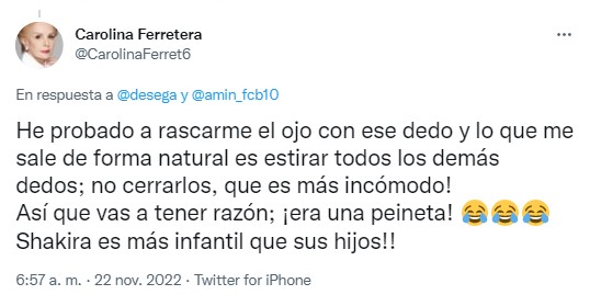 captura de pantalla de un comentario en Twitter con respecto a la peineta que Shakira hizo a Piqué 