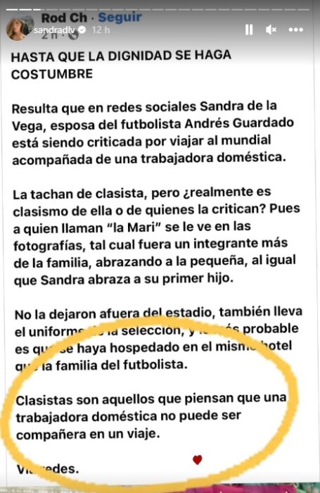 Texto compartido por Sandra de la Vega en su cuenta de Instagram para defenderse de las críticas