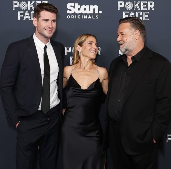 Liam Hemsworth, Elsa Pataky and Russell Crowe at the Poker Face Australian Premiere 