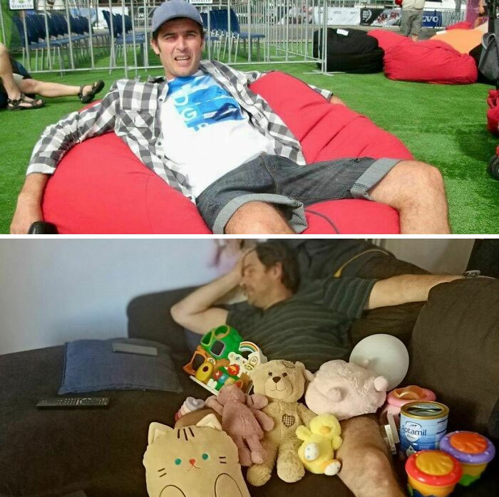 comparativa de un hombre relajado y de cuando es papá con juguetes 