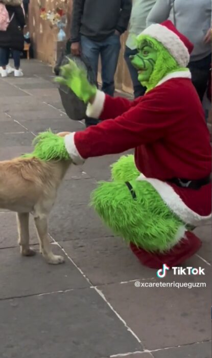 Hombre disfrazado del grinch enojado con un niño