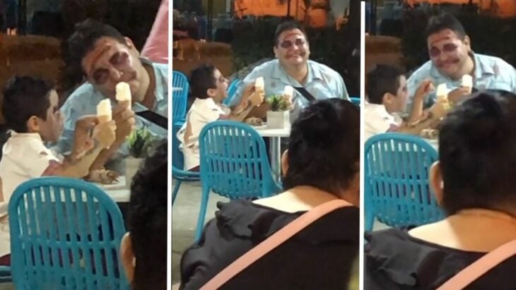 father and son eat ice cream
