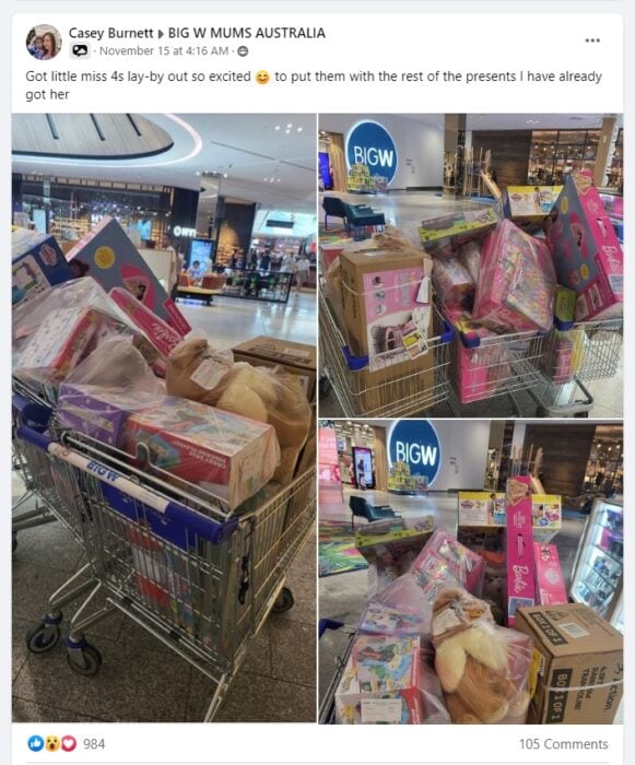 publicación de facebook de mamá que llenó 3 carritos de compras con regalos para su hija