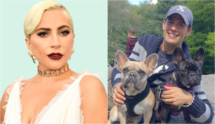 Lady Gaga/Ryan Fischer with two Lady Gaga French bulldogs
