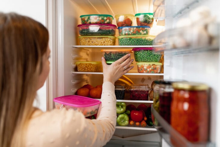 Mujer tomando sobras del refrigerador 