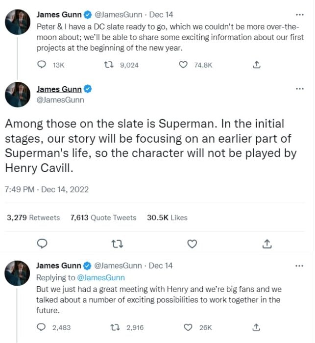 Post de James Gunn en Instagram anunciando que Henry Cavill dejará de ser Superman