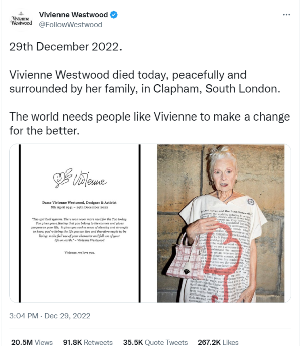 Announcement of the death of Vivienne Westwood