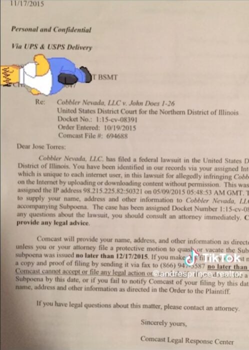 captura de pantalla de una hoja que muestra una demanda que Adam Sandler le hizo a un hombre por descargar su película de manera ilegal 