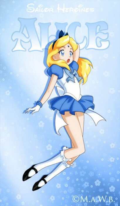 illustration showing how Alice in Wonderland would look like in her version of the Sailor Moon manga 