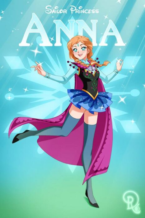 illustration shows how Anna from Frozen would look like in her version of the Sailor Moon manga 