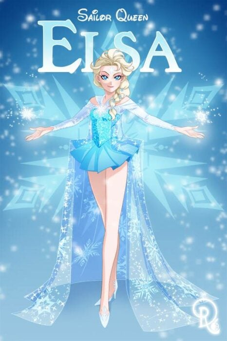 ilustración que muestra cómo luciría Elsa de Frozen en su versión manga de Sailor Moon 