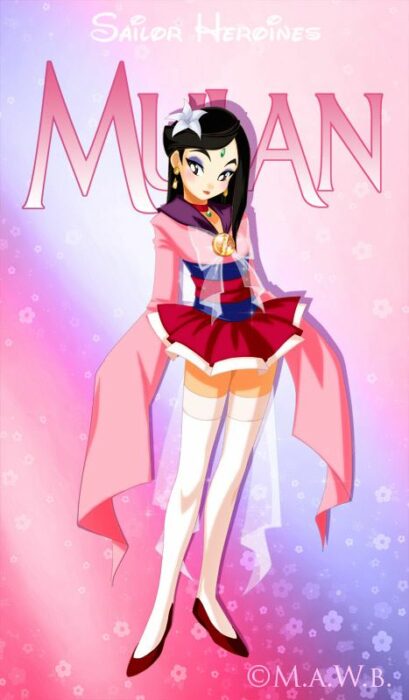 illustration showing Mulan in her version of the Sailor Moon manga 