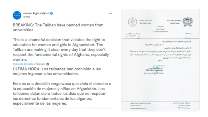 Gobierno talibán ordena prohibir la educación universitaria para mujeres