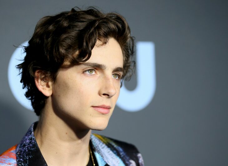 Timothée Chalamet posa en una alfombra roja lleva el cabello algo revuelto y mira fijamente al público