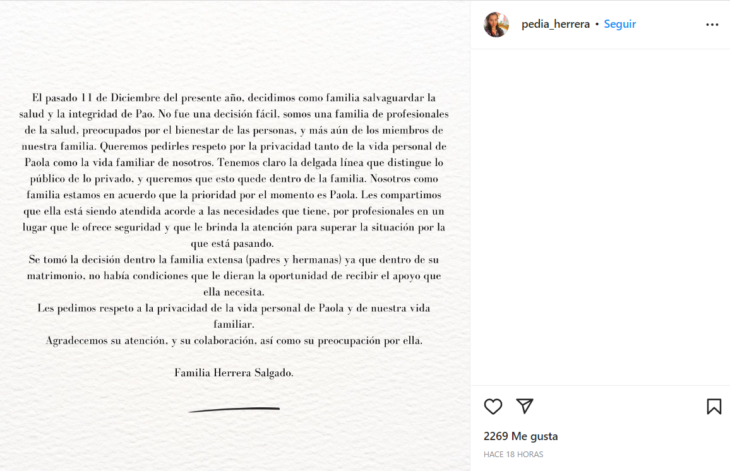 publicación de Instagram donde se lee un comunicado referente a Pao Poulain