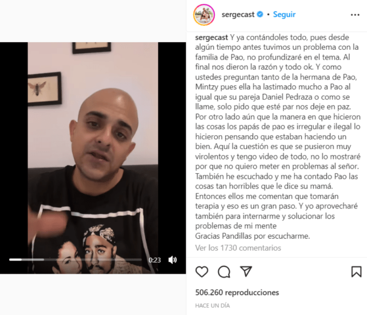 imagen de Instagram donde aparece Fichis dando una declaración sobre lo sucedido con su esposa la influencer Pao Poulain