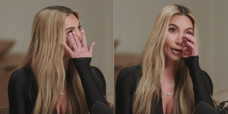 pair of images showing Kim Kardashian crying during an interview with Angie Martinez for the IRL Podcast broadcast on CNN 