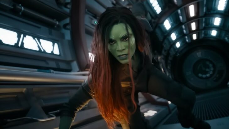 Imagen de la actriz Zoe Saldaña en su personaje de Gamora en Guardianes de la Galaxia Vol. 3 